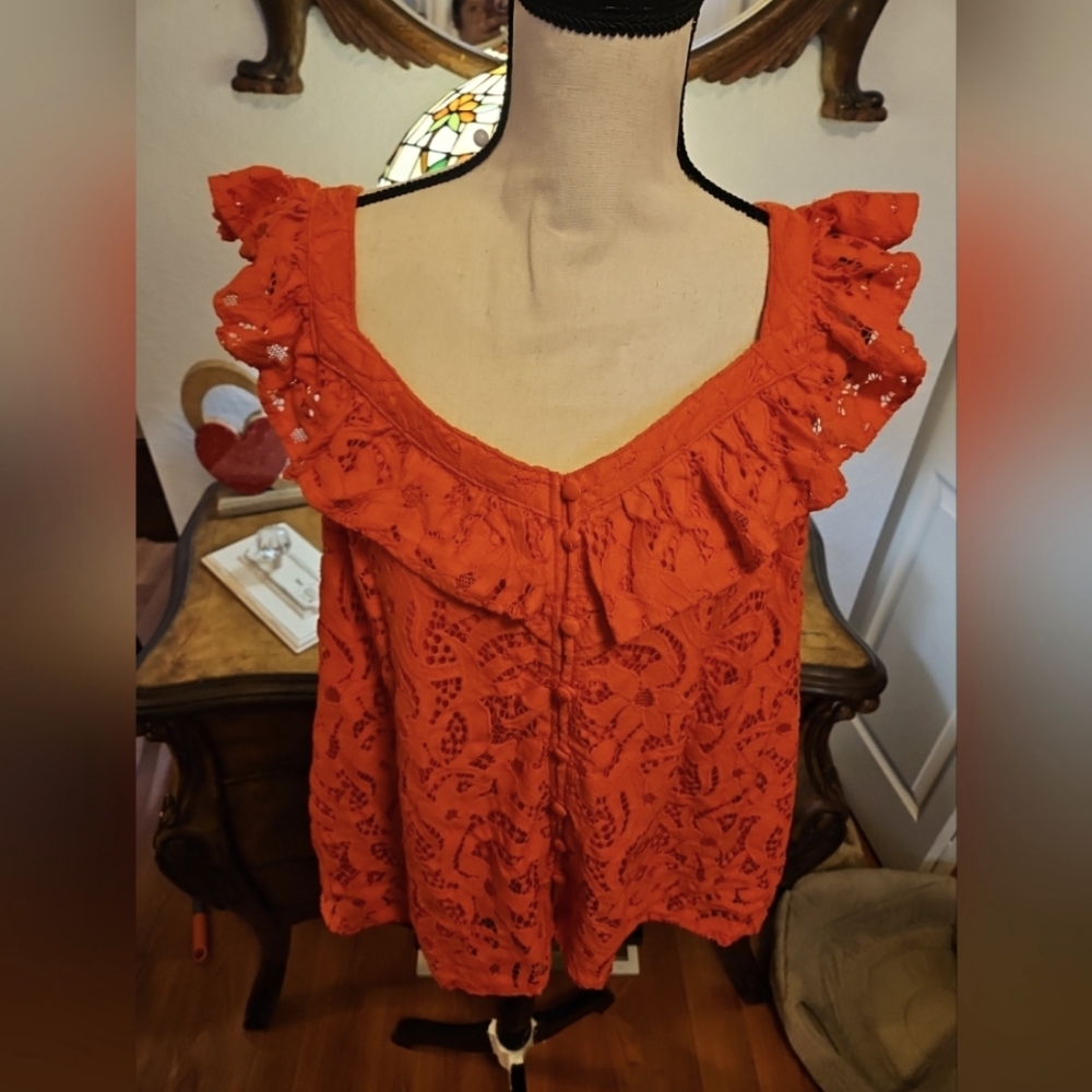 Torrid Size 1 (14/16) Women's Orange Ruffle Sleeveless Eyelet Top